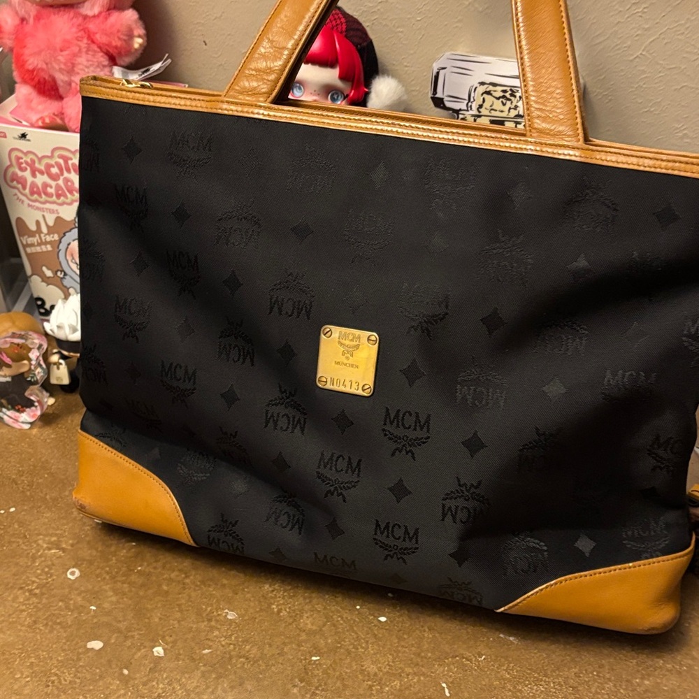 MCM Black Canvas Tote with Cognac Trim and Gold Plaque - Picture 3 of 16